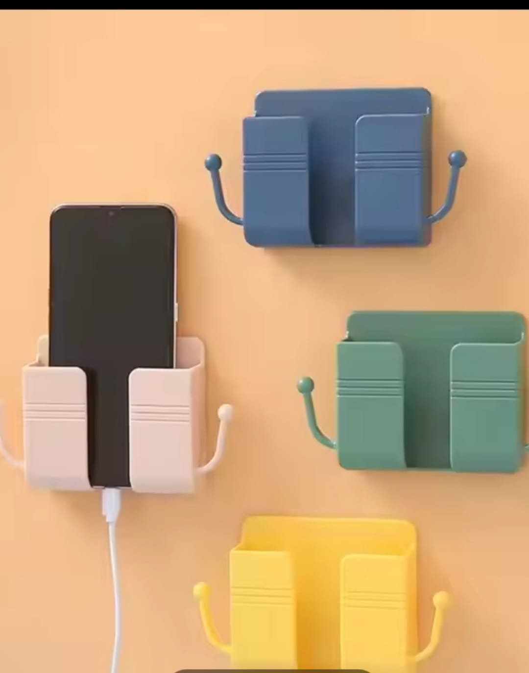 Wall Mounted Mobile Phone Holder with Dual Hooks – Self-Adhesive Charging Stand & Organizer